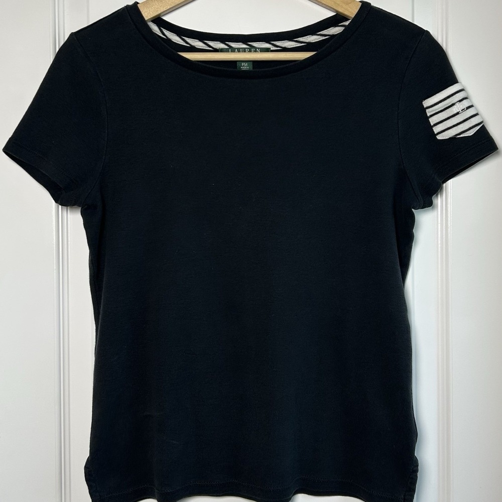Lauren Ralph Lauren Petite Black Cotton Stripe Trim Monogram Cap Sleeve T-Shirt